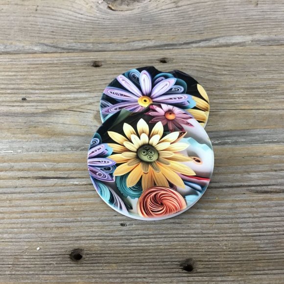 Pastel Paper Wildflowers Car Coasters Set of 2 - Picture 2 of 9